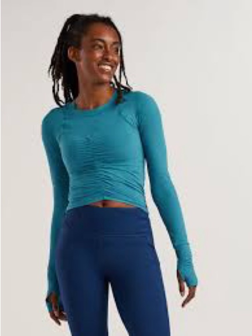 Free People Teal Blue Ruched Long-Sleeve Crop Top - Picture 4 of 10